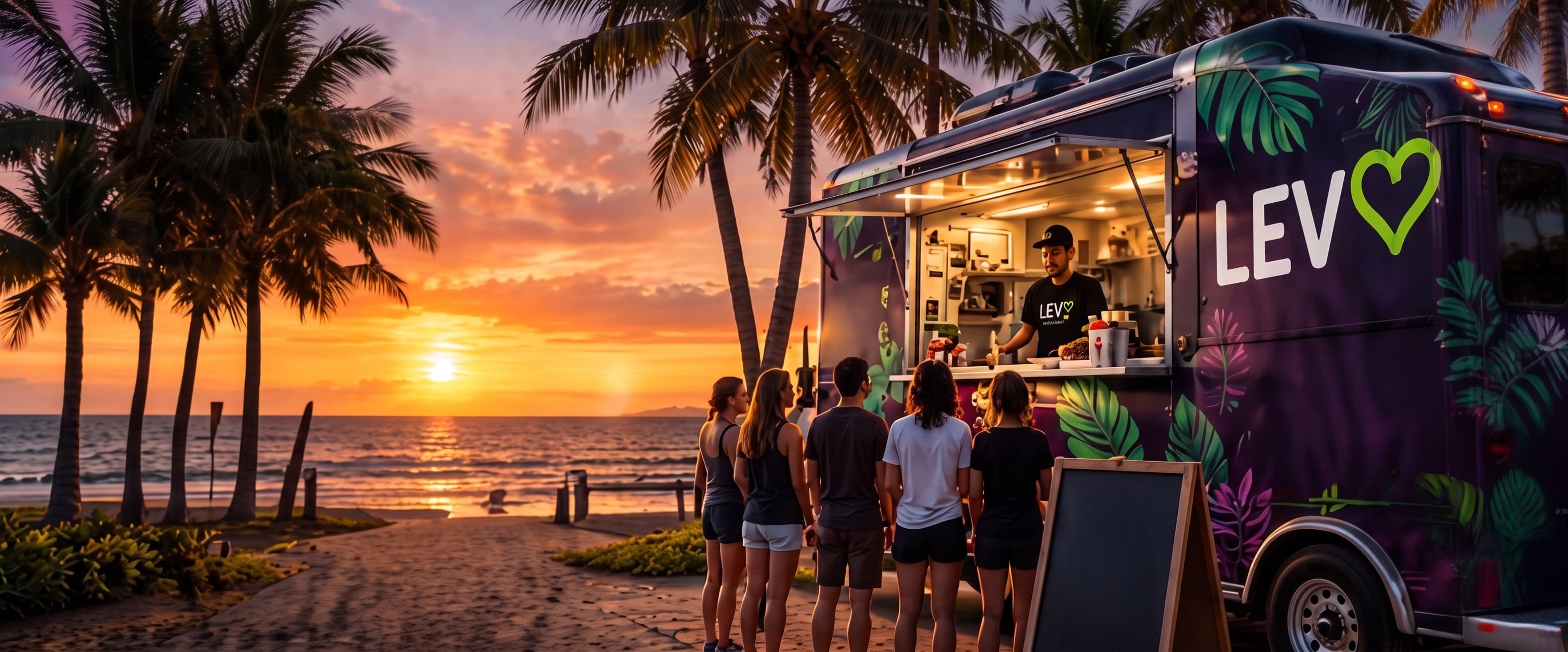 The purple LEV truck parked on the beach at sunset, with people lining up at the window